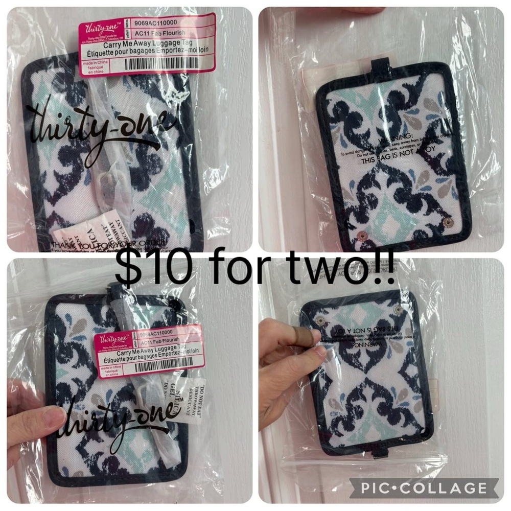 Thirty-One Luggage Tag Black and White ID Holder with Teal Accents
